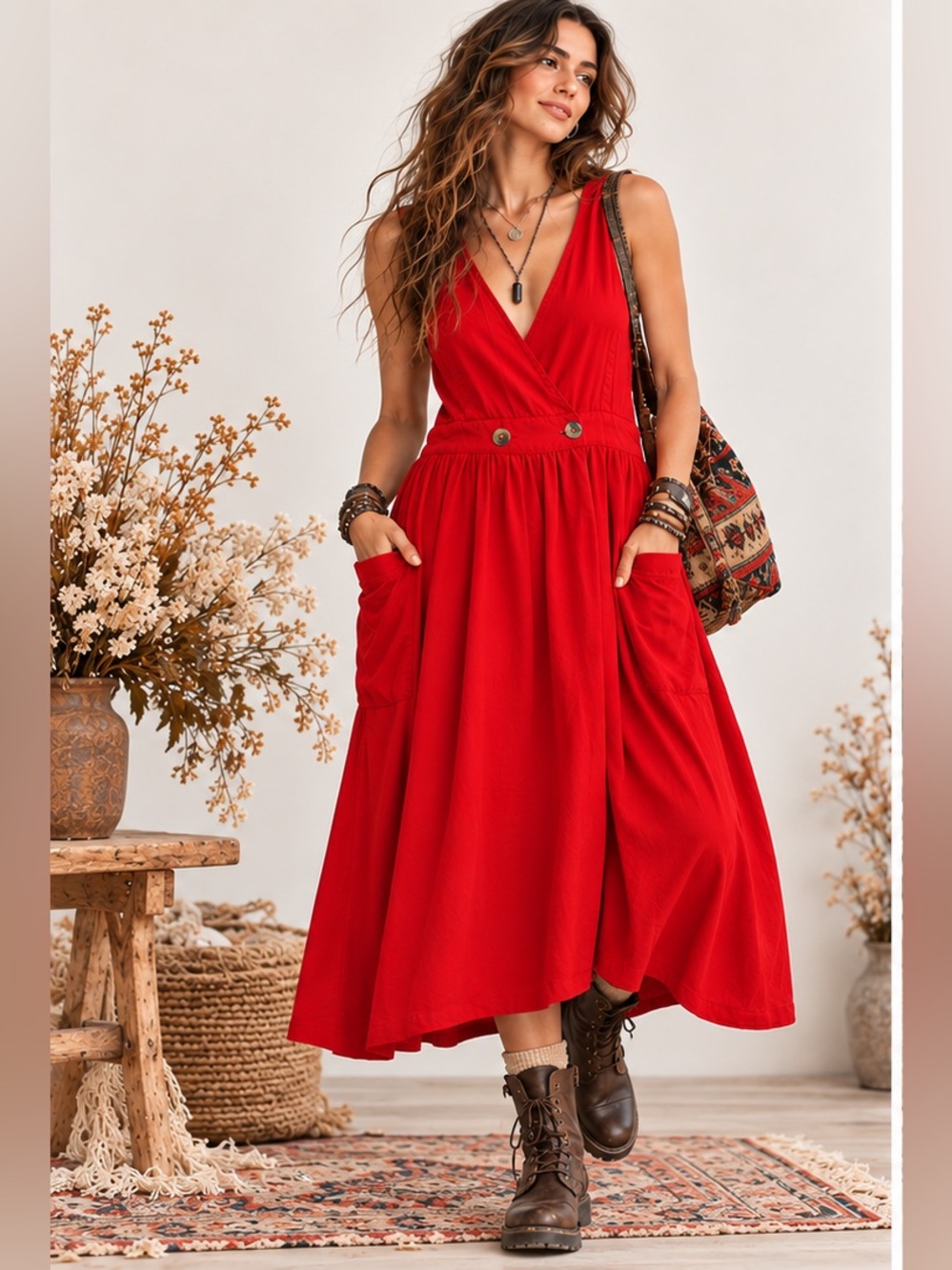 Free People Red Sleeveless V-Neck Cottagecore Boho Whimsy Wrap Dress Medium